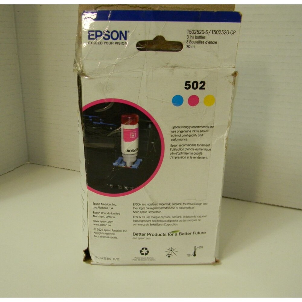 Genuine Epson 502 EcoTank Ink Bottle Combo Pack for ET-2750 2760 2850 3850 CMY - Picture 3 of 5